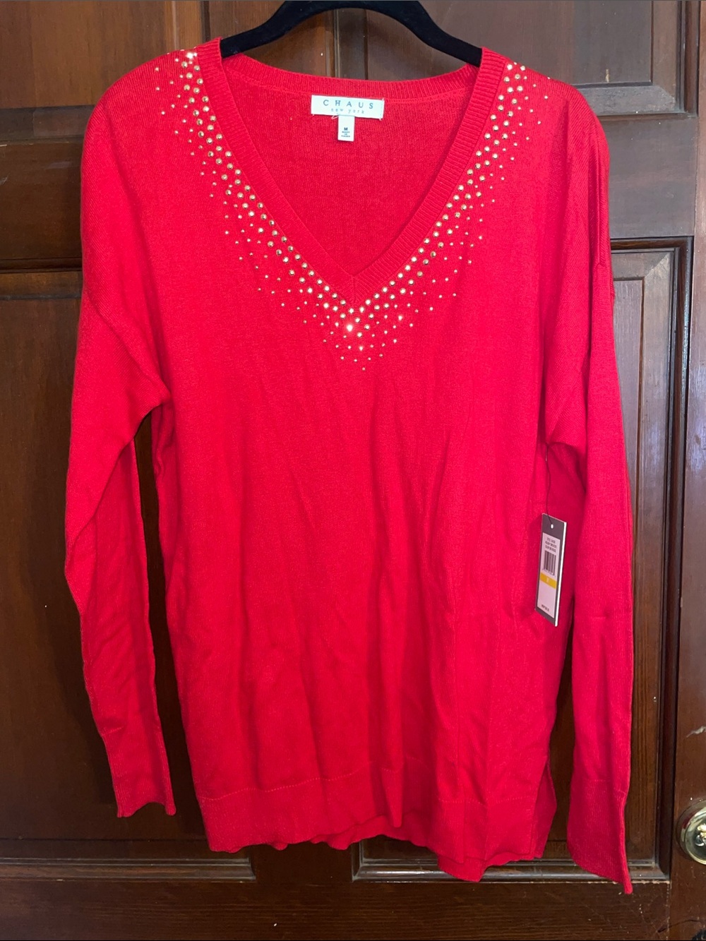 Chaus Women's Bright Red V-Neck Sweater with Stud Accents